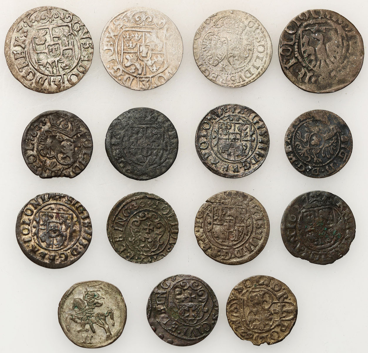 Zygmunt III Waza, Kazimierz IV Jagiellończyk, Zygmunta II Augusta. Szeląg, półtorak, dwudenar, zestaw 15 monet